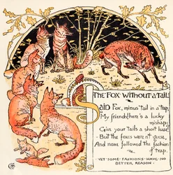 Ræven uden hale, illustration fra »Æsop for de mindste«, graveret og trykt af Edmund Evans, London, udgivet ca. 1920